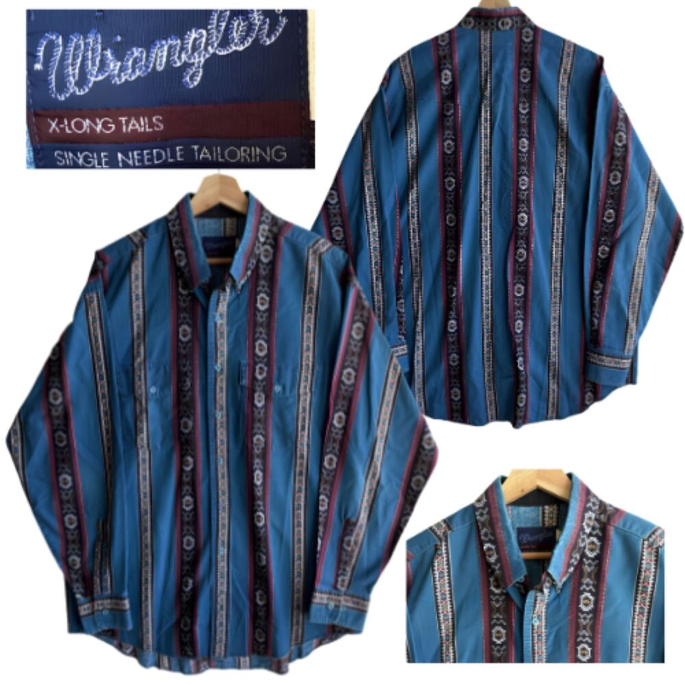 Vintage Wrangler XLong Tails Single Needle Aztec Pearl Snap Button Down Shirt XL